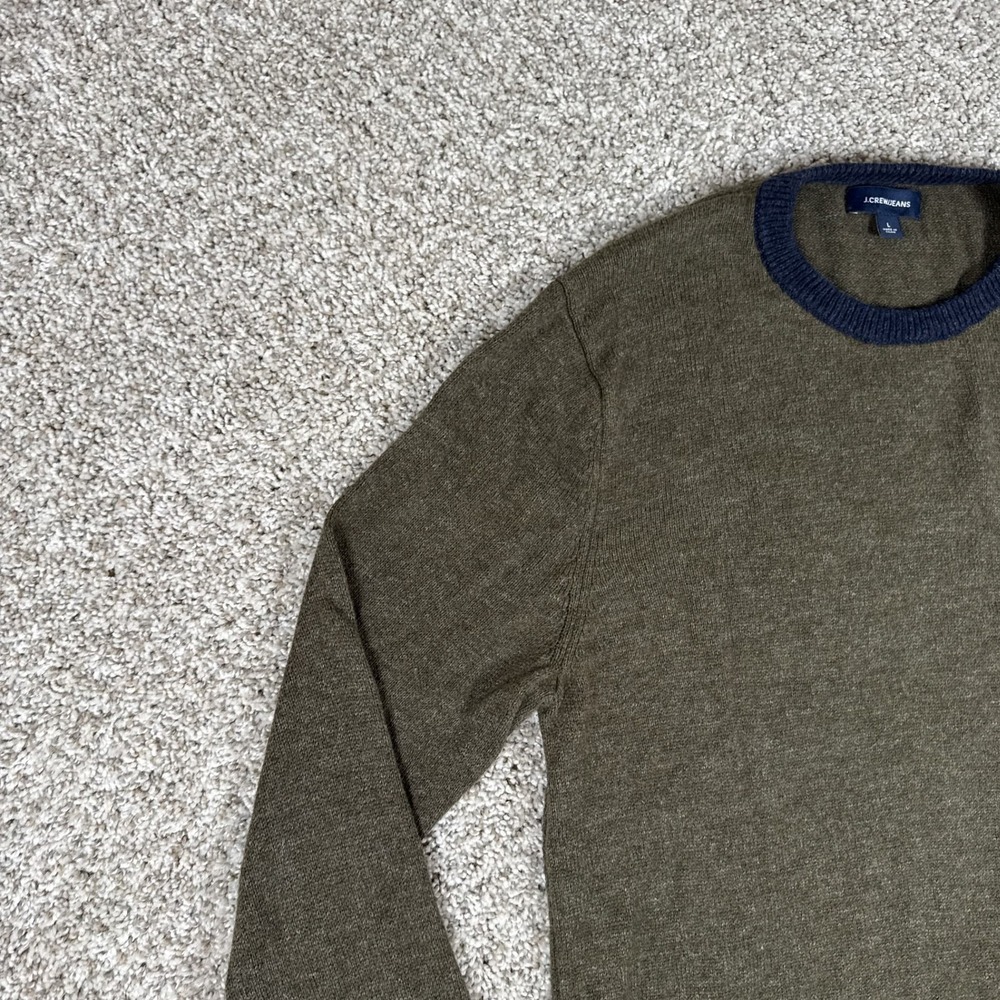 J Crew Sweater Mens L Green Crewneck Ribbed Contrast Hem Cotton Wool - Picture 4 of 12